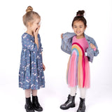 Danamade DABIGAIL Girls Long-Sleeves Unicorn and Rainbow Print Dress - Dusty Blue